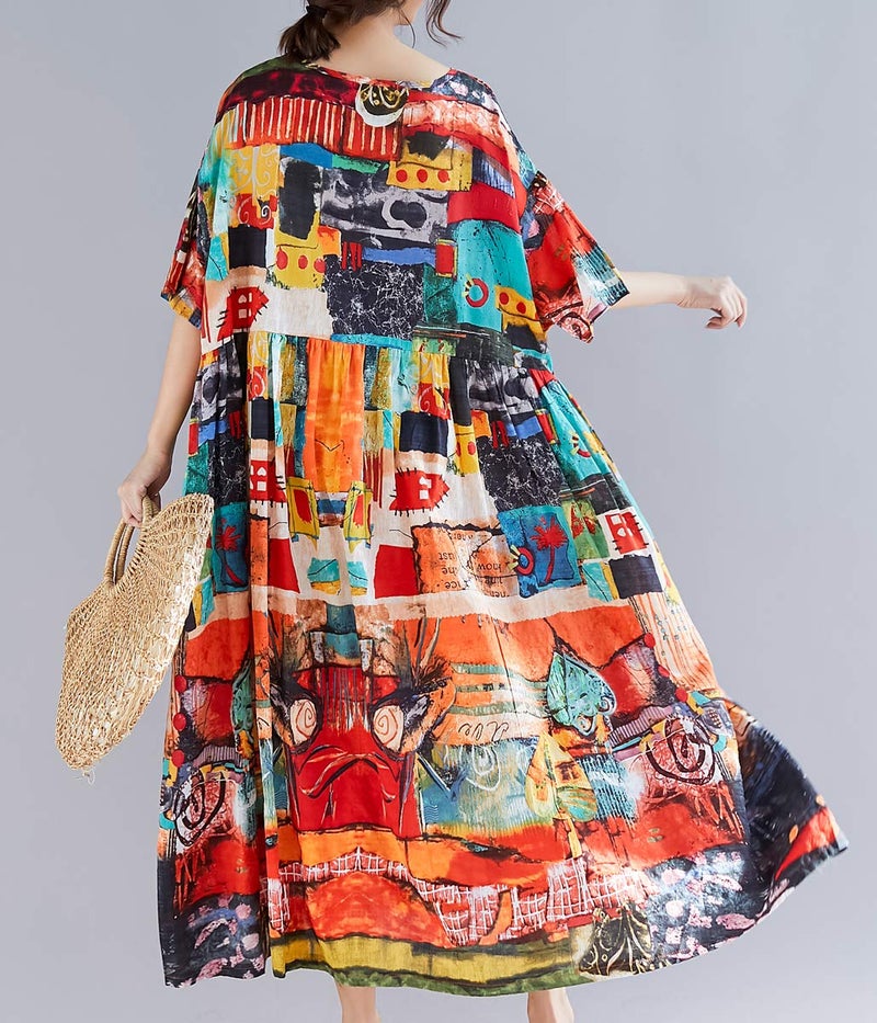ellazhu Women's Half Sleeve Summer Oversized Bohemian Dress Scoop Neck Abstract Print Maxi Baggy Beach Dresses GA1396 - Image 2